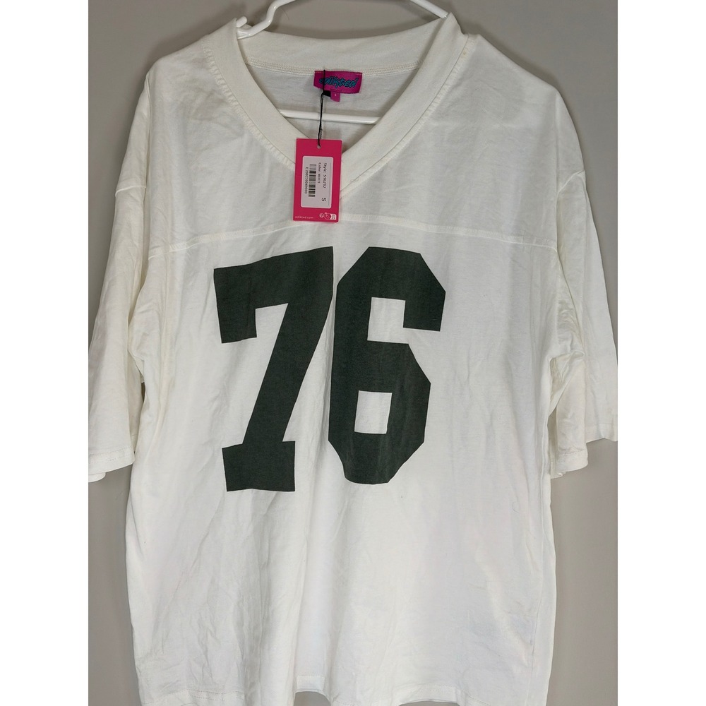 Edikted White Oversized 76 Graphic Jersey V-Neck Tee Shirt S16212 Small NWT